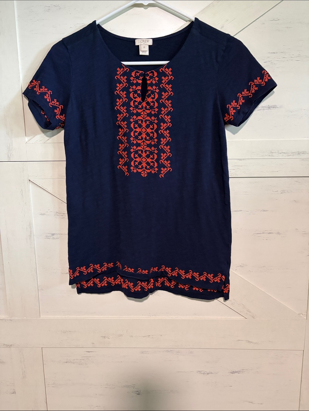 J. Crew Navy Short Sleeve Top with Coral Embroidery